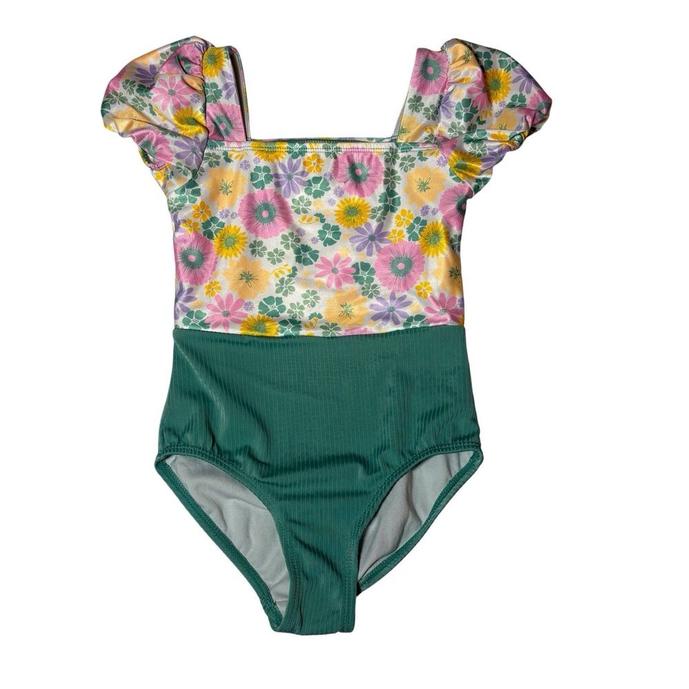 Wonder Nation Girls One Piece Swimsuit Size S 6-6X Floral Puff Sleeve Green